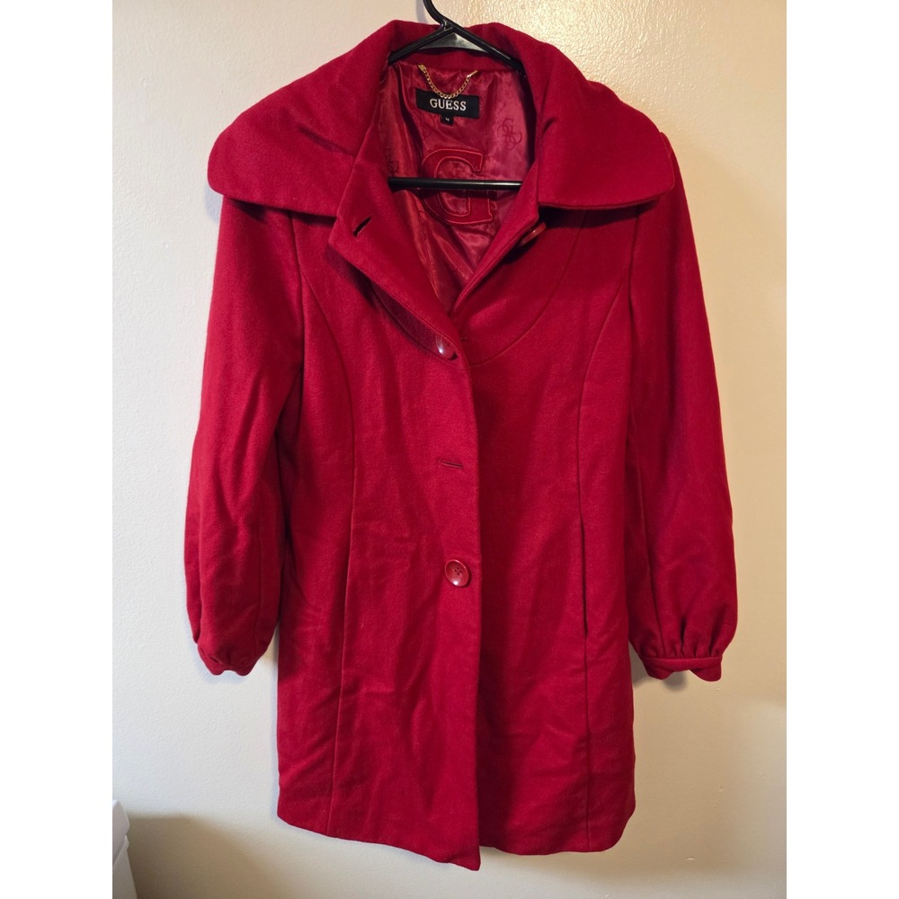 Guess Womens Red Portrait Collar Wool Blend Pea Coat Jacket Size Medium
